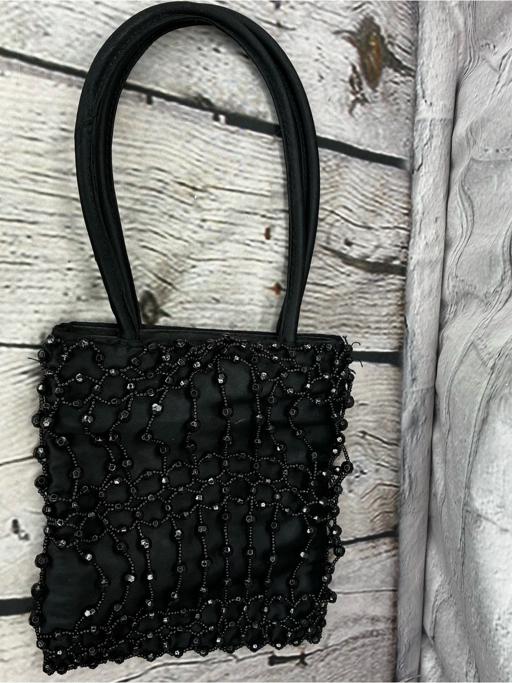 Vtg 90s y2K Whimsigoth Coquette Black Beaded Promcore Vampy Evening Handbag 7x7